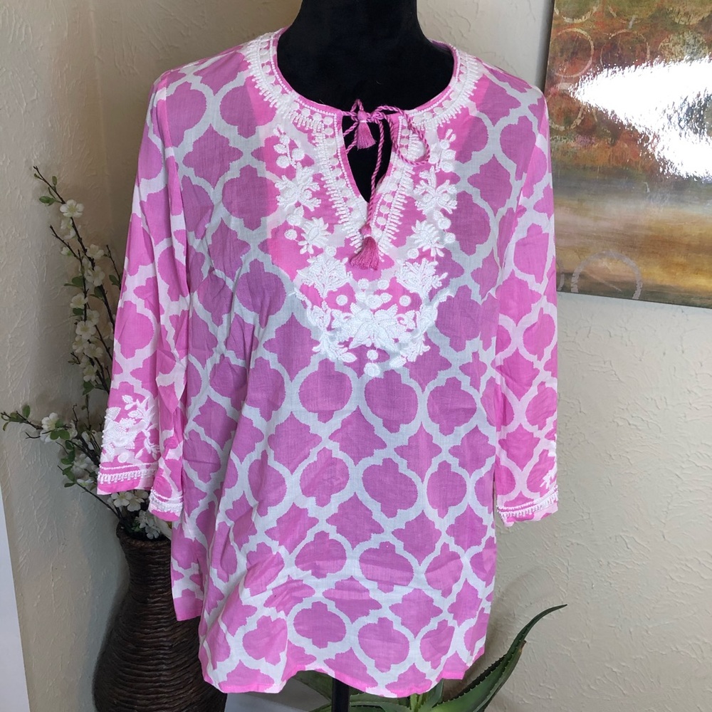 Talbots Beaded Pink White Tie Neck Tunic Blouse